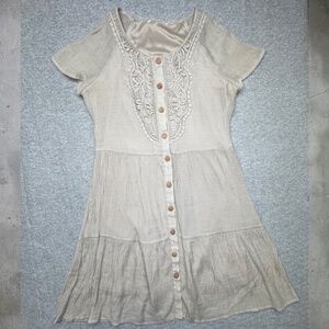 Indigo Rose Size M Beige Linen Mini Dress Button Front Lace Yoke Crochet Insert